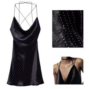 New ZARA Elegant JEWEL SATIN EFFECT MINI DRESS cowl Neck Low Back Size Large NWT